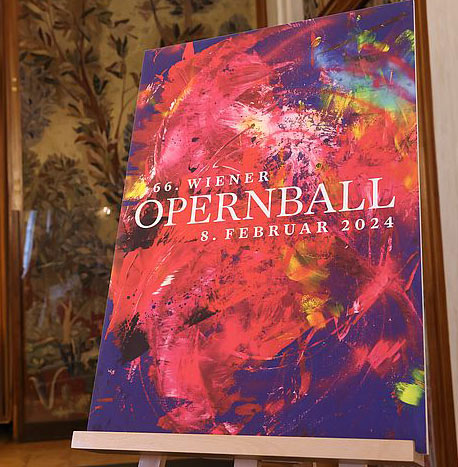 Das "Sprit Rose" Plakat Opernball 2024 wurde von dem bedeutenden österreichischen Künstler Herbert Brand  entworfen. (©Foto: Wiener Staatsoper)